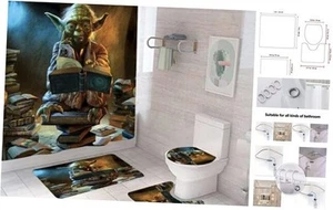 Bathroom 4 Pieces Set Yoda Shower Curtain, Toilet Lid Cover and Bath Mat, Non - Picture 1 of 8