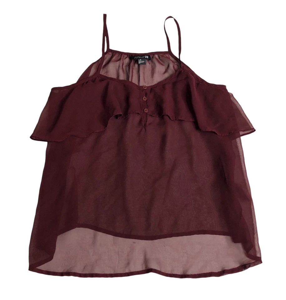 Camiseta sin mangas Y2K Forever 21 Junior L Borgoña Transparente Volantes Botón Cami Babydoll Boho Foto 1 de 4