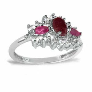 African Ruby & 2 Diamonds three stones statement Ring 0.925 Sterling silver - Picture 1 of 4