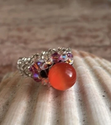 Anel orbe laranja feito à mão olho de gato pedra - Imagem 1 de 4