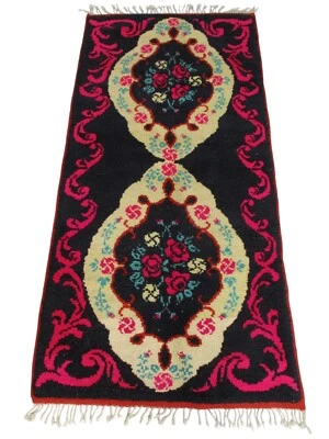 Vintage Moroccan Handmade Black Rug Pink Yellow Berber Tribal Wool Fringe Carpet - Image 1 of 4