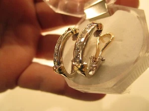 14K YELLOW/WHITE GOLD HUGGIES EARRINGS WITH BEAUTIFUL DIAMONDS; OMEGA BACKS - Picture 1 of 13