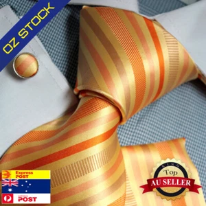 Epoint PH1061 Silk Neck Tie Orange Striped Interview Gift Idea Cuff Hanky - Picture 1 of 3