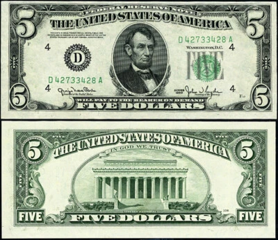 FR. 1961 D $5 1950 Federal Reserve Note Cleveland D-A Block Wide 2 Choice CU - Image 1 of 3