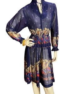 S-M Vtg 80s Sheer Knife Pleated Peplum Dress BLUE Japan Floral Border Print - Picture 1 of 14