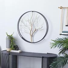 Gold Branch Leafless Tree Metal Wall Art Sculpture Round Black Open Back Frame