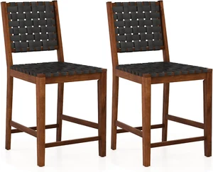 24" Counter Height Bar Stools Set of 2, Solid Wood Woven Rustic Barstools W/Faux - Picture 1 of 9