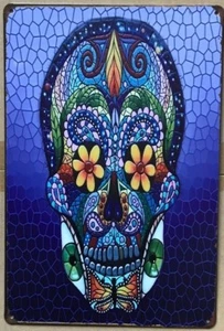 SKULLS Rustic Look Vintage Tin Metal Sign Man Cave, Shed-Garage & Bar Sign - Picture 1 of 2