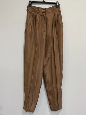 Pantalones 100 % seda para mujer marrón medio vintage plisados bolsillos cintura alta recta Foto 1 de 4
