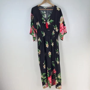 Adrift dress womens size L maxi black floral short sleeve VNeck rayon 115200 - Picture 1 of 11