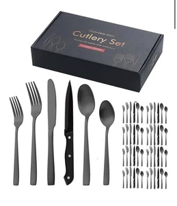 NIB Premium Black Silverware Flatware Set 48-piece Matte Stainless Steel Steak - Picture 1 of 6