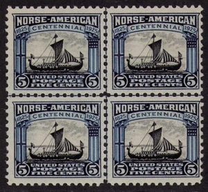 1925 US SC 621 5c Norse American Block of 4, Center Line MNH VF - Picture 1 of 3