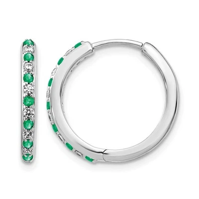 14k White Gold 1/5 Ct Lab Grown Diamond and Created Emerald Hinged Hoop Earrings - Image 1 of 4