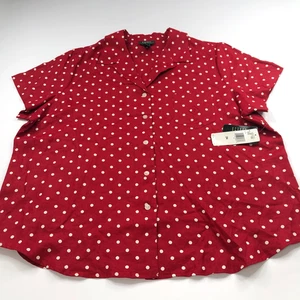 Lauren Ralph Lauren NEW Plus 3X 100% Linen Button Short Sleeve Shirt Red Polka - Picture 1 of 9