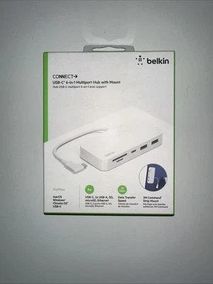 Belkin USB-C 6-In-1 USB-A/MicroSD/Ethernet Multiport Hub Adapter w/Mount White - Image 1 of 4