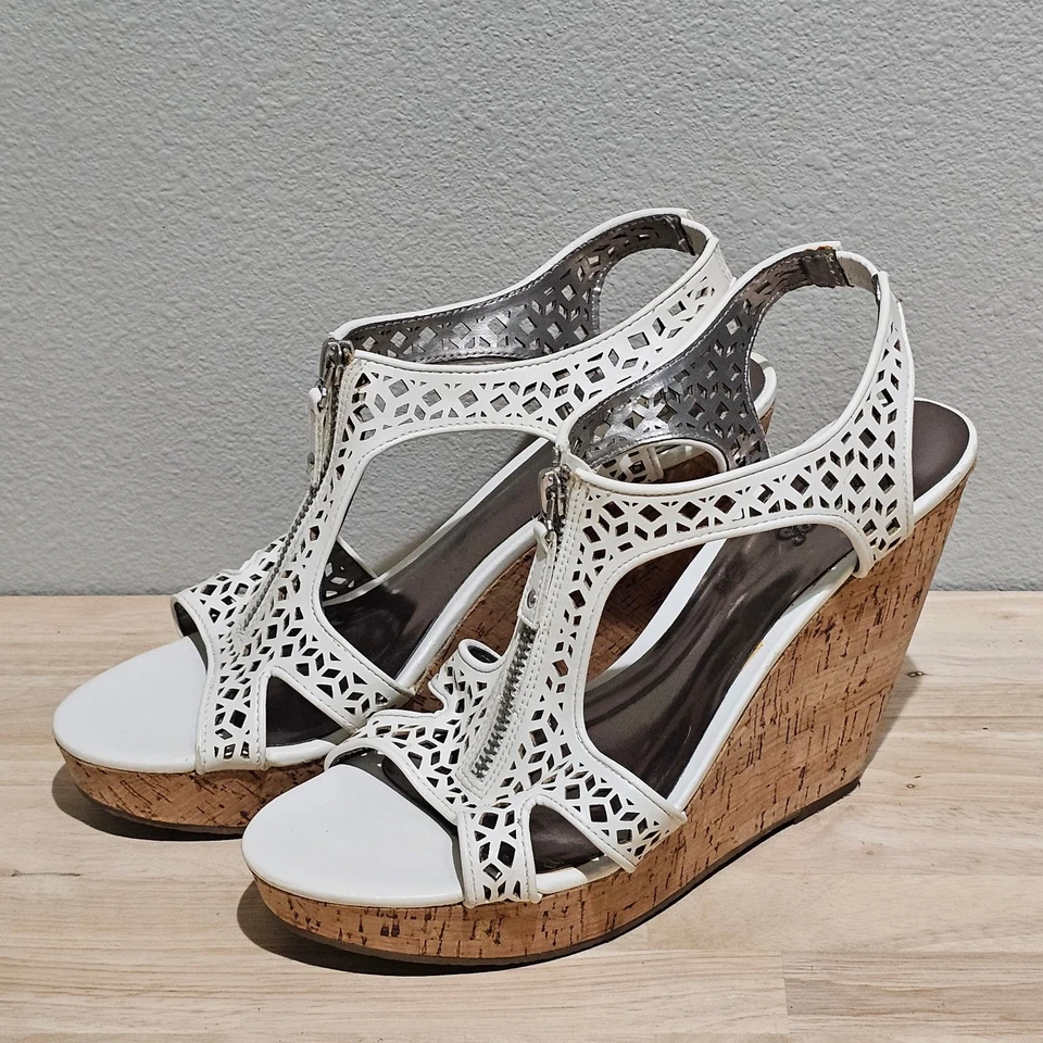 Tacones de cuña Carlos by Carlos Santana blancos para mujer talla 9,5 cuero corcho cremallera Foto 1 de 4