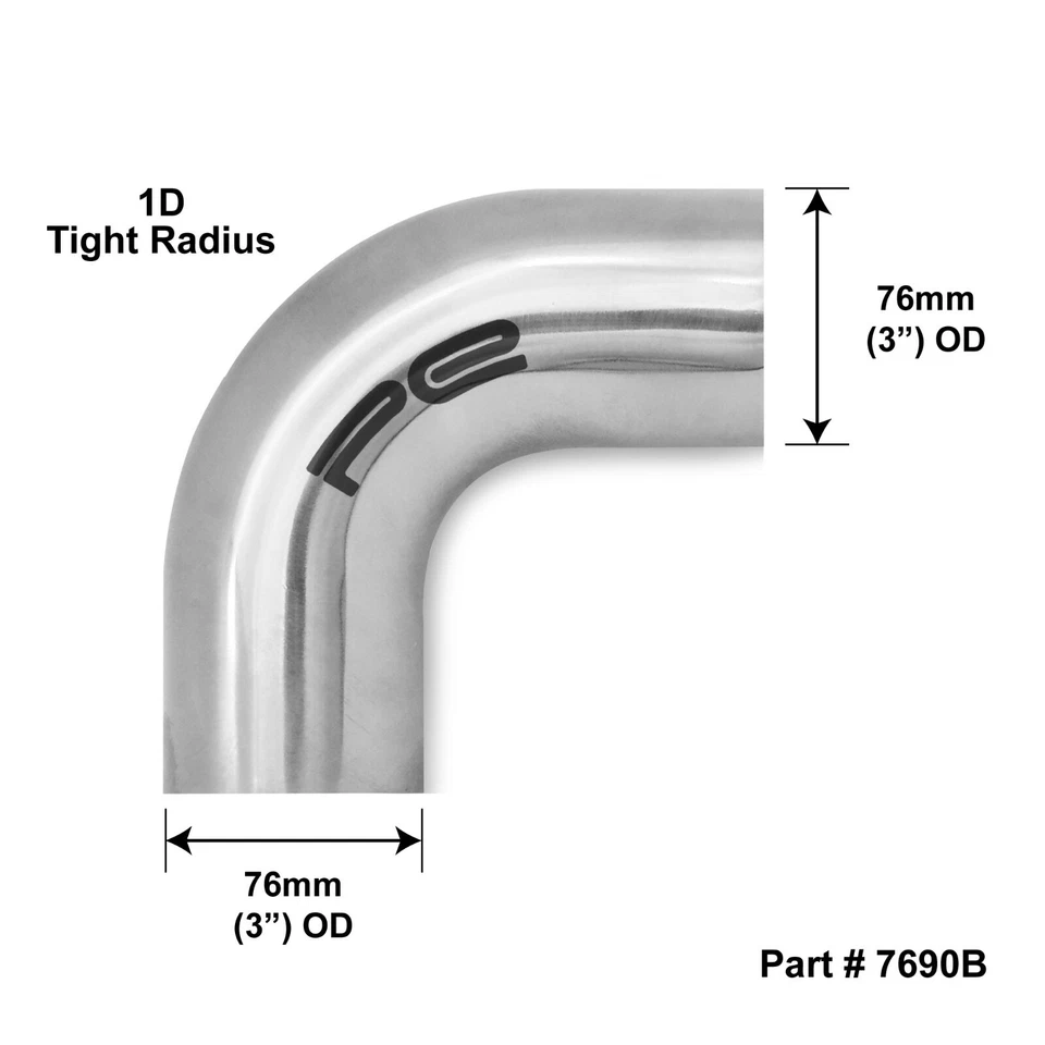 PROFUSION EXHAUSTS 90 degree 3" 76mm Tight 1D Mandrel Exhaust Bend T304 Stainless Steel Satin