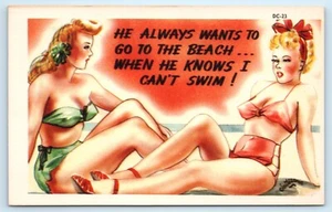 POSTCARD Humor Pretty Girls He Always Wants to go to the Beach - Picture 1 of 2