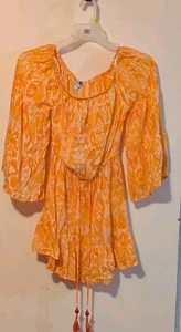 New Blue Island Women Long Sleeve Beach Mini Dress Cover up Orange/White SZ Sm - Picture 1 of 12
