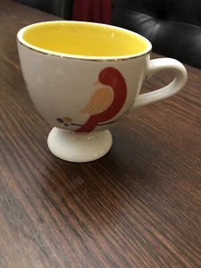 Anthropologie Footed Cafe Latte Coffee Mug Tea Cup Yellow Pink Red Bird - Picture 1 of 4