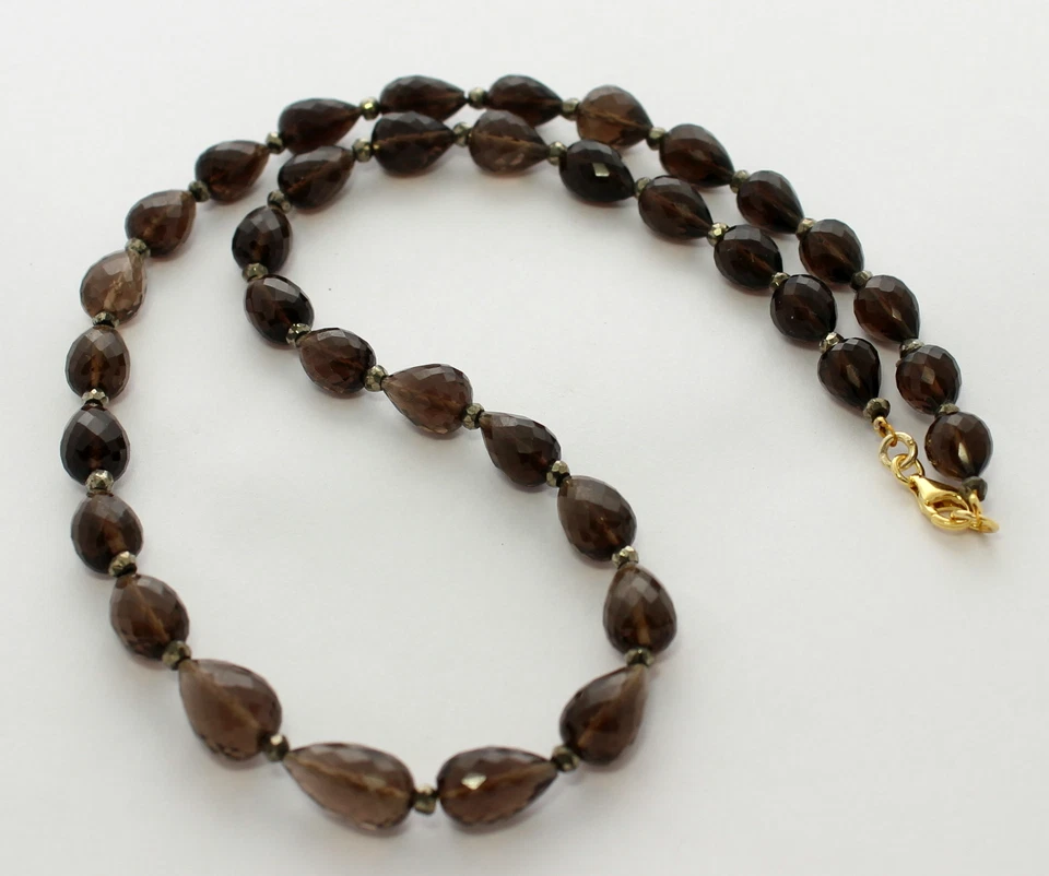 Quarzo Affumicato Collana Con Pirite Preziose Goccia Sfaccettata Donna 45 CM - Immagine 1 di 2