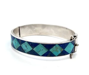 7.5” 970 Silver Turquoise & Lapis Lazuli Inlay Hinged Bangle Bracelet 30.6g - Picture 1 of 8