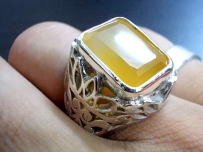 Anillo Yemení Aqeeq Para Hombre Ágata Amarilla Hecho a Mano Plata de Ley 925 Talla 9 Aqiq Foto 1 de 4