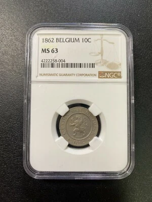 1862 BÉLGICA DIEZ CÉNTIMOS NGC MS-63 - SIN CIRCULAR - LOSA CERTIFICADA - KM#22 Foto 1 de 2