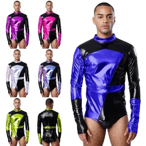 Mens Shiny Metallic Bodysuit Stand Collar Long Sleeves Color Block Jumpsuit Club - Picture 1 of 62