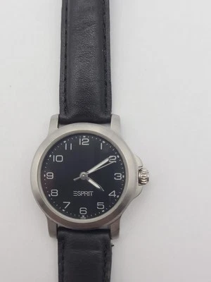 Esprit Watch Women Silver Tone Date Black Dial Leather Band New Battery Working - Image 1 of 4
