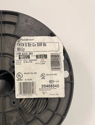 Southwire 20488345 THHN 8AWG STR Copper SIM BLACK 600V Insulated Wire 500' Spool - Image 1 of 4