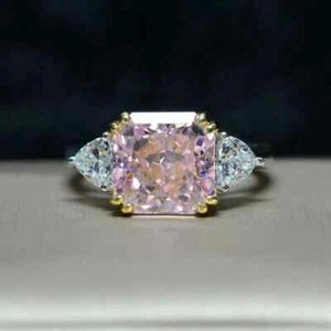 4Ct LabCreated Asscher Pink Diamond Three Stone Engagement Ring 14KWhite Gold fn - Picture 1 of 2