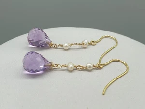 9ct Yellow Gold Earrings Amethyst Topaz Citrine Seed Pearl Victorian Style Drop - Picture 1 of 11