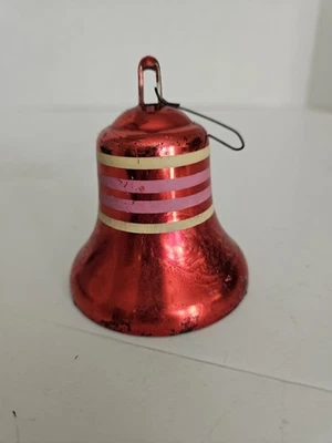 Plastic Vintage Christmas Ornament Red Bell With Pink And Yellow Stripes Used - Image 1 of 4