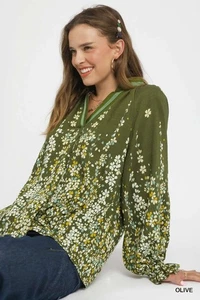 Umgee Floral Vine Print Blouse with Balloon Sleeves - Picture 1 of 8