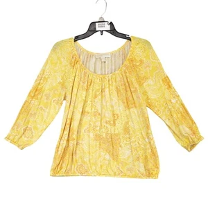 Michael Kors Women's L Yellow Flowy Patched Paisley Peasant Top, Boho Western - Picture 1 of 6