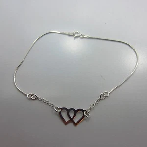 Bracciale donna argento sterling doppio cuore charm catena piede 925 italia 9 pollici - Foto 1 di 4