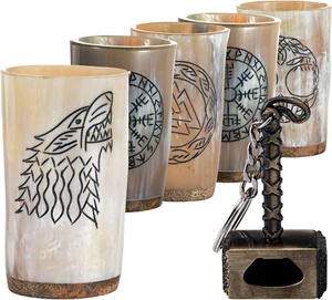 Wikinger Trinkhorn Becher 5er Set | Natur Ochsenhorn Schnapsgläser Set | Mittelalter - Bild 1 von 11