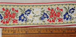Vintage Embroidered Trim - 2" wide - By the Yard - Flowers - Red, White, Blue - Picture 1 of 2