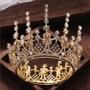 9cm Tall Luxury Crystal Gold Wedding Queen Princess Prom Round Crown 10cm Wide - Picture 1 of 4