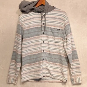 Billabong Mens LS Button Hoodie Sz.Small/Blue-Gray/Striped/Drawstring/Flannel - Picture 1 of 9
