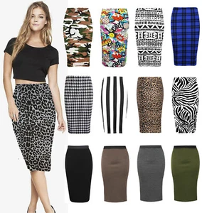 WOMENS LADIES PRINT CASUAL OFFICE BODYCON MIDI SKIRT JERSEY PLUS SIZE - Picture 1 of 19