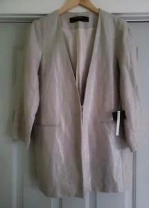 Zara Glazed Linen Collarless Jacket Blazer Sand - Size Large - NEW - Picture 1 of 7