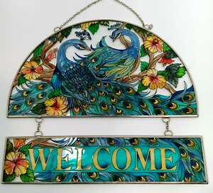 AMIA Stained Glass 2 Piece Welcome with Peacocks Suncatcher 13.5" x 12"