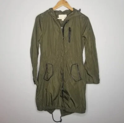 Michael Kors Olive Army Green Raincoat with Black Leather Trim Size XS - Image 1 of 4