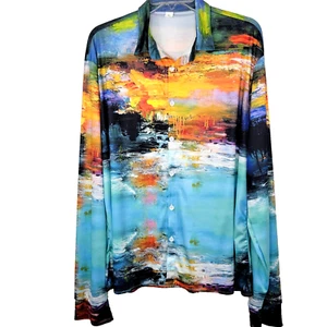 Vintage Shirt Men's Sz L Abstract Watercolor Multi Retro Long Sleeve  90s 70's - Picture 1 of 7