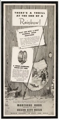 Carretes de pesca Ocean City 1948 originales laminados cañas Montague anuncio impreso hecho a mano Foto 1 de 2