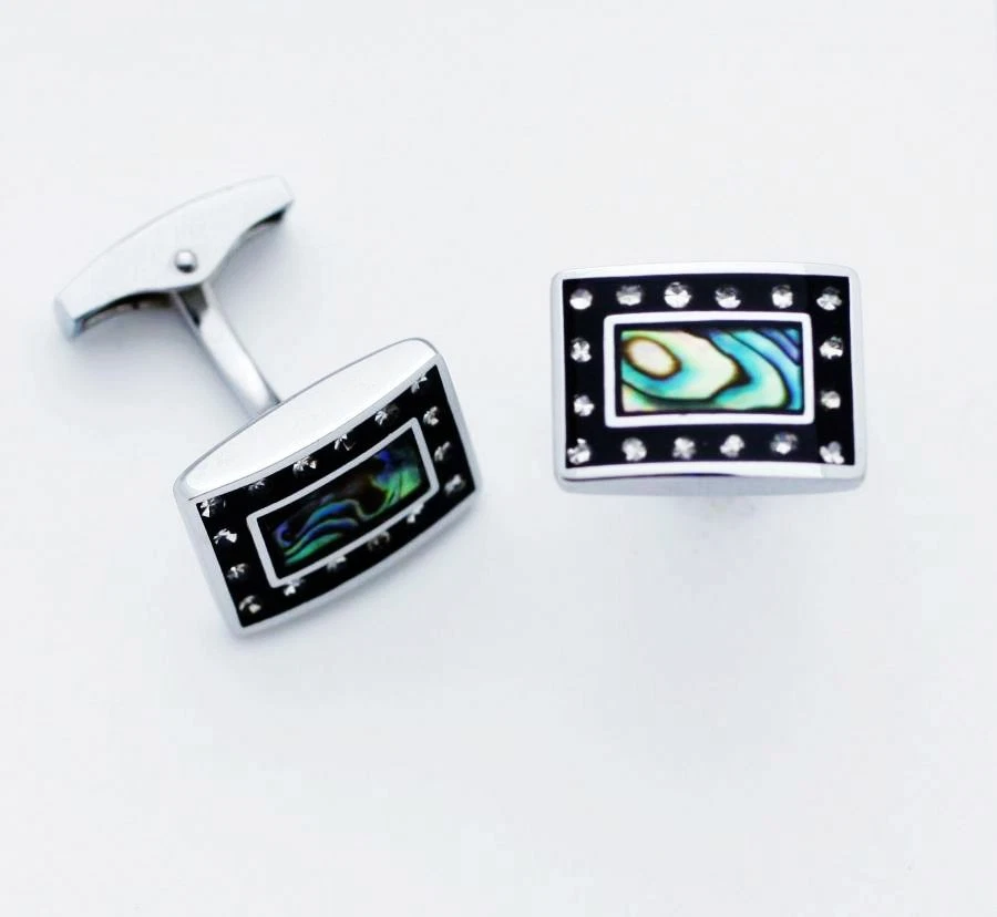 C0322 CUFF LINKS CUFFLINKS ZIRCONS ON BLACK ENAMEL ABALONE COLOR CLOUDY BLUE SKY - Image 1 of 1