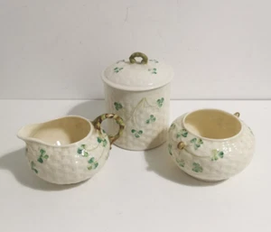 Belleek Shamrock Basket Weave Milk Jug Sugar Bowl Preserve Pot Jar 6th stamp - Picture 1 of 18