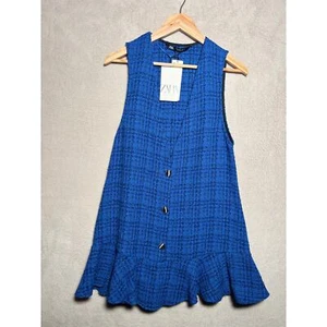 Zara Womens Blue Ruffled Tweed Pinafore Dress V- Neck Button Front Size Small - Bild 1 von 5